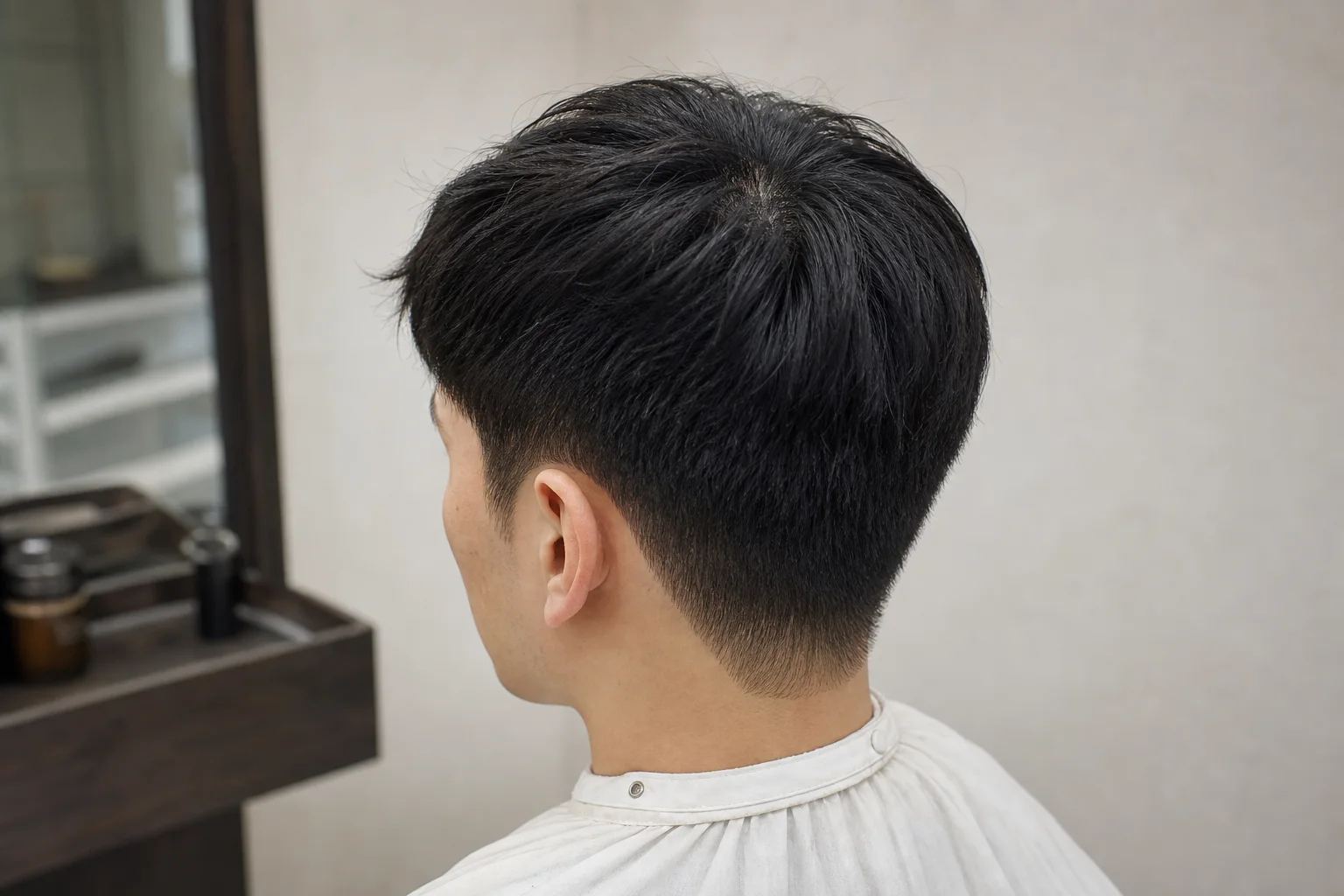 年轻东亚男士法式短碎的侧后方近景，顶部纹理向前延伸并自然连接低位渐变