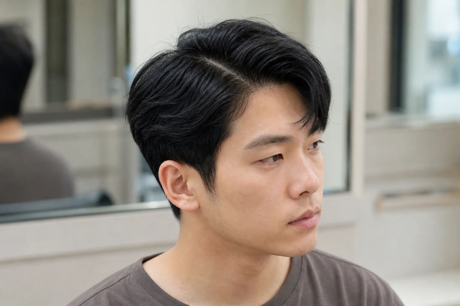 韩式三七分侧前方细节,显示柔和偏分、顶部向侧后方的弧度和低位自然两侧过渡