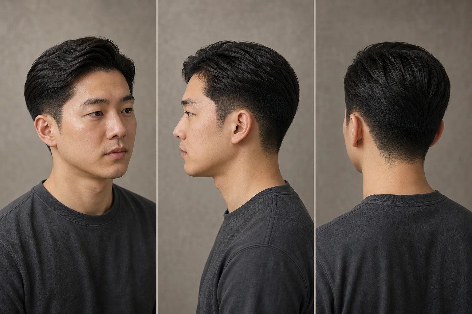 同一位男士侧背头的正侧面、侧面和后侧面三视角