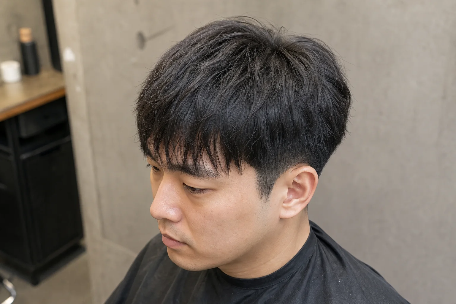 侧前方观察男士碎盖刘海落点、顶部重量和两侧自然衔接