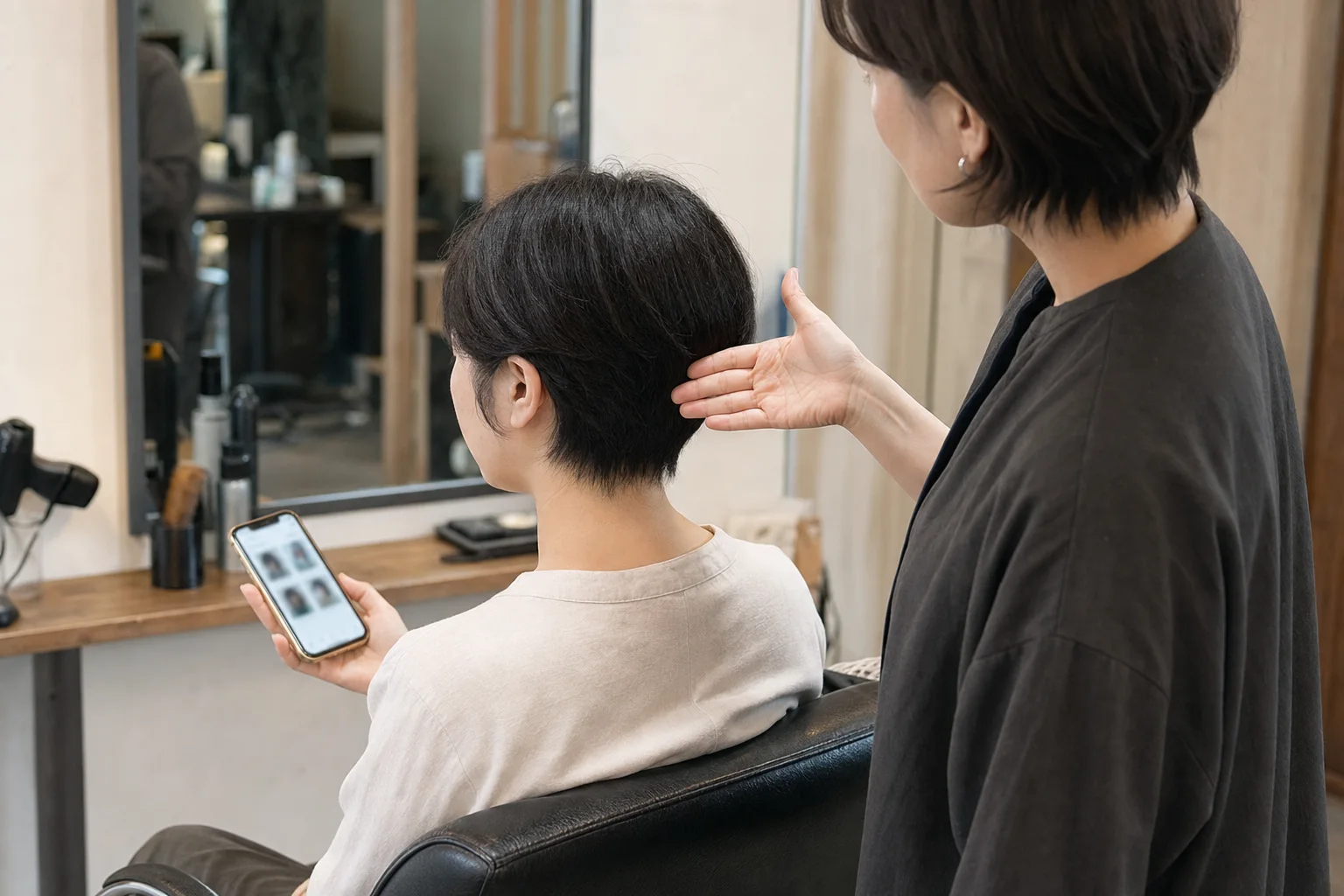 发型师从侧后方与顾客确认精灵短发的头顶、耳侧和后颈长度,尚未开始剪发